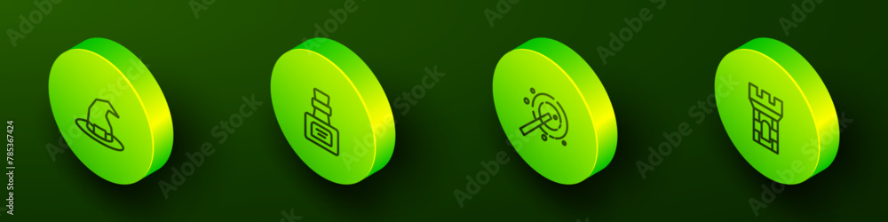 Set Isometric line Witch hat, Bottle with potion, Magic wand and Castle tower icon. Vector Set Isometric line Witch hat, Bottle with potion, Magic wand and Castle tower icon. Vector