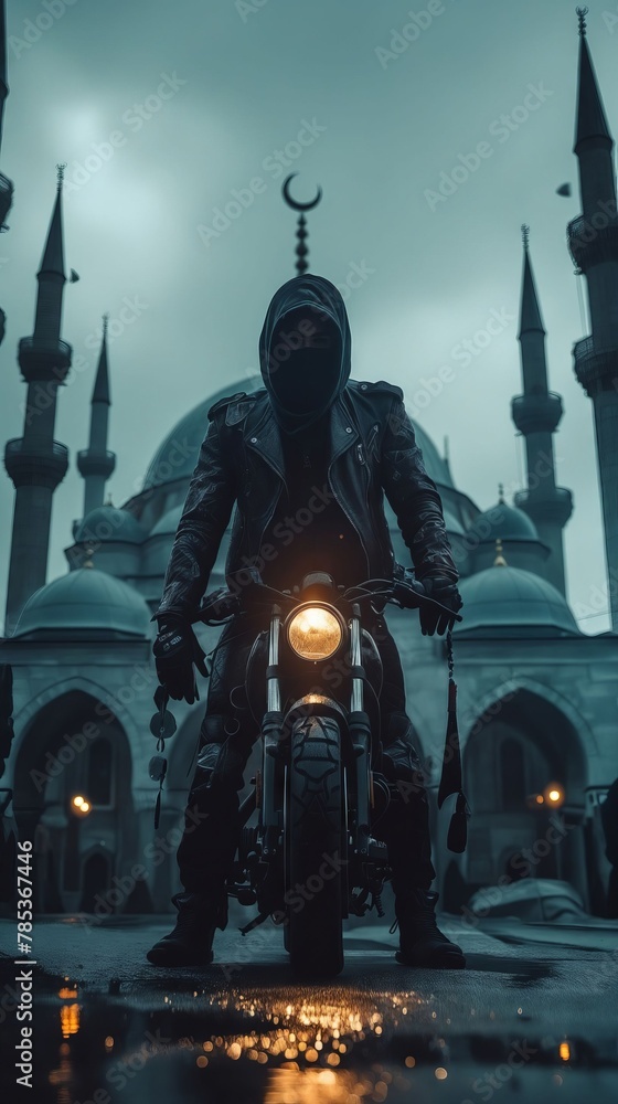A man on a motorcycle in front of a mosque. A man on a motorcycle in front of a mosque.