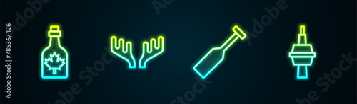 Set line Bottle of maple syrup, Deer antlers, Paddle and TV CN Tower in Toronto. Glowing neon icon. Vector photo