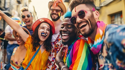 A group of people in colorful clothes taking a selfie. LGBT Pride. photo