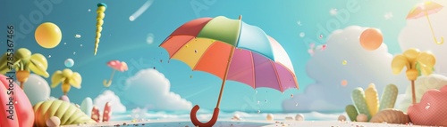 A threedimensional sun whimsically opening a colorful umbrella, surrounded by realistic HD characters set against a clean background photo