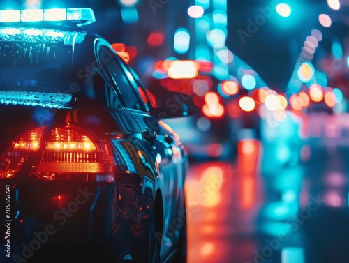 Night patrol scene with police car under bright city lights, vivid and noisefree atmosphere, sharp 4K HD