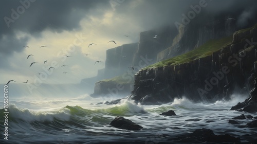 A dramatic ocean panorama showcasing towering cliffs rising from the tumultuous waves, their rugged surfaces sculpted by centuries of erosion, while seabirds circle above and a stormy sky brews.