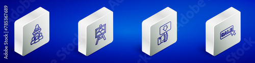 Set Isometric line Auction auctioneer sells, painting, Hand holding paddle and Price tag with Sale icon. Vector