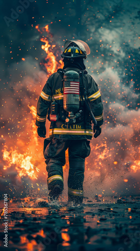 A firefighter is walking through a burning building. The scene is intense and dramatic, with the firefighter's gear and the flames creating a sense of danger and urgency. The image conveys the bravery