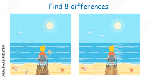 Find 8 differences in pictures with a boy in a wheelchair on the beach with a landing net in his hand looking at the endless blue sea. Vector illustration for children's activity book.