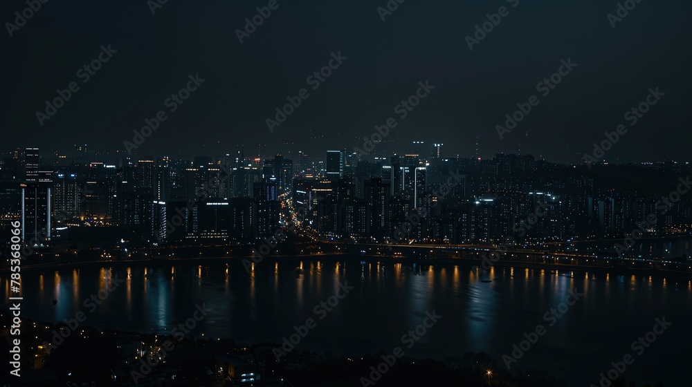 Panorama of office buildings and city center with light