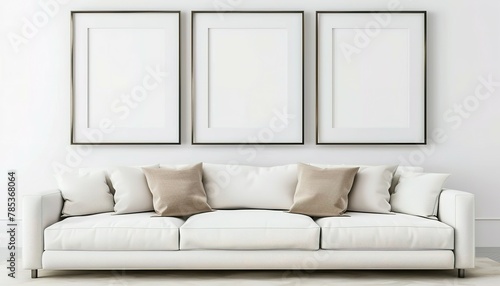 Frame Mockup Wall. Mockup frame in farmhouse living room interior. Interior mockup with rectangular vertical frame hanging on a white textured wall mockup house background. © Koplexs-Stock