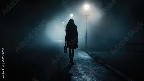 A woman gracefully walks down a dimly lit street at night  surrounded by the soft glow of streetlights.