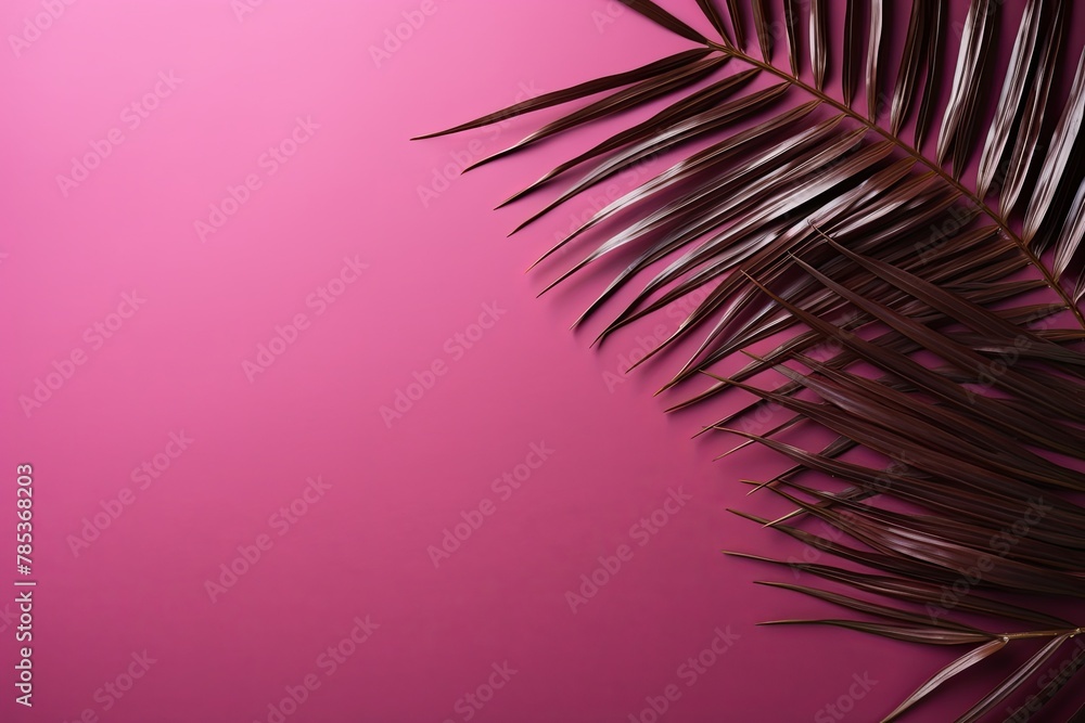 Palm leaf on a maroon background with copy space for text or design. A flat lay, top view. A summer vacation concept