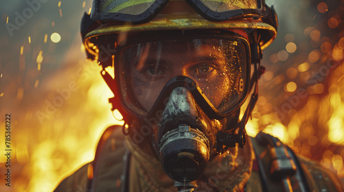 A firefighter is wearing a mask and a helmet. The scene is set in a fire, with the firefighter standing in the middle of the flames