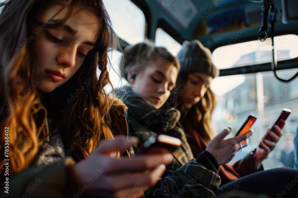 Passangers sitting on the bus, looking at their phones. Passangers sitting on the bus, looking at their phones.