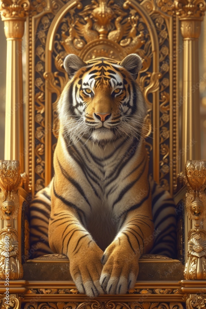 A majestic tiger facing forward, seated on a royal throne 🐅👑 Radiating power and grace in a regal setting. #TigerKingThrone