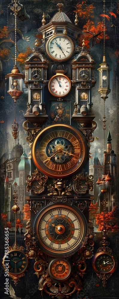 Design a captivating image of a series of clocks, each displaying a different historical civilization as the background 
