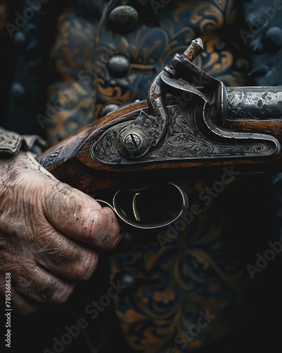 Feeling the texture of the flintlock pistol, I carefully load it, anticipating the spark photo