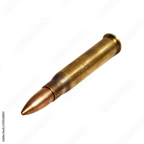 Close-up of a Single Rifle Bullet Angled on a Soft Background  Symbolizing Gun Control and Military Themes.