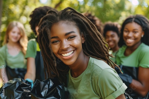 Smiling woman with a group of friends cleaning a park, picking up trash in plastic bags. photo