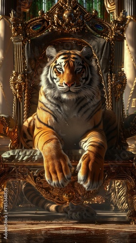 A tiger facing forward, front paws resting, seated on a royal throne adorned with ornate ornaments 🐅👑✨ Majestic and regal in every detail. #RoyalTigerChair