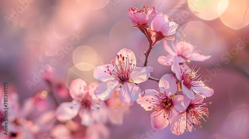 closeup of flowering spring cherry tree with light bokeh delicate pink blossoms nature photography
