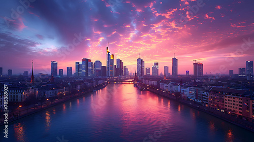 sunset over the river in the city