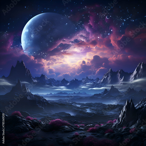 Fantasy alien planet. Mountain. moon and stars. 3D illustration © Wazir Design