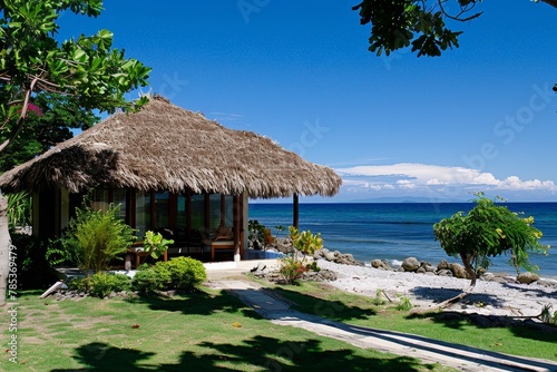 Traditional Filipino Bahay Kubo with Thatched Roof and Raised Floor, Embracing Sea Breeze in a Serene Tropical Setting, Capturing the Essence of Island Living. photo