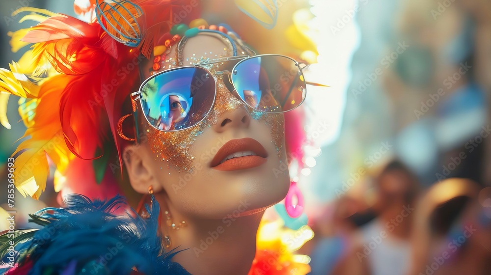 A woman in colorful feathers and sunglasses. LGBT Pride.