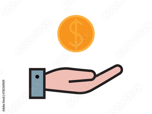 Coin on hand, money icon for business. Simple symbol line flat design.