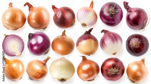 collection of raw onions with various colors and shapes isolated on white background vegetable photography