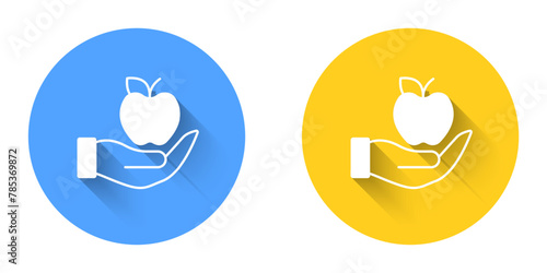 White Apple icon isolated with long shadow background. Excess weight. Healthy diet menu. Fitness diet apple. Circle button. Vector