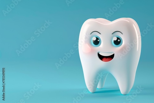 Photorealistic 3D Illustration of a Healthy White Tooth Mascot with Copy Space, Showcasing Precision and Depth of Field Detail.