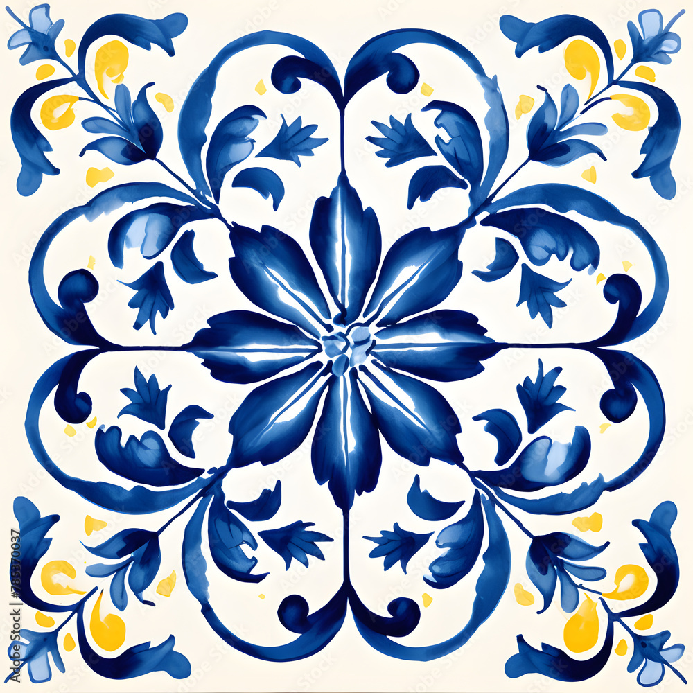 Fototapeta premium Pattern of azulejos tiles. Rustic blue and yellow tile watercolor seamless pattern. 