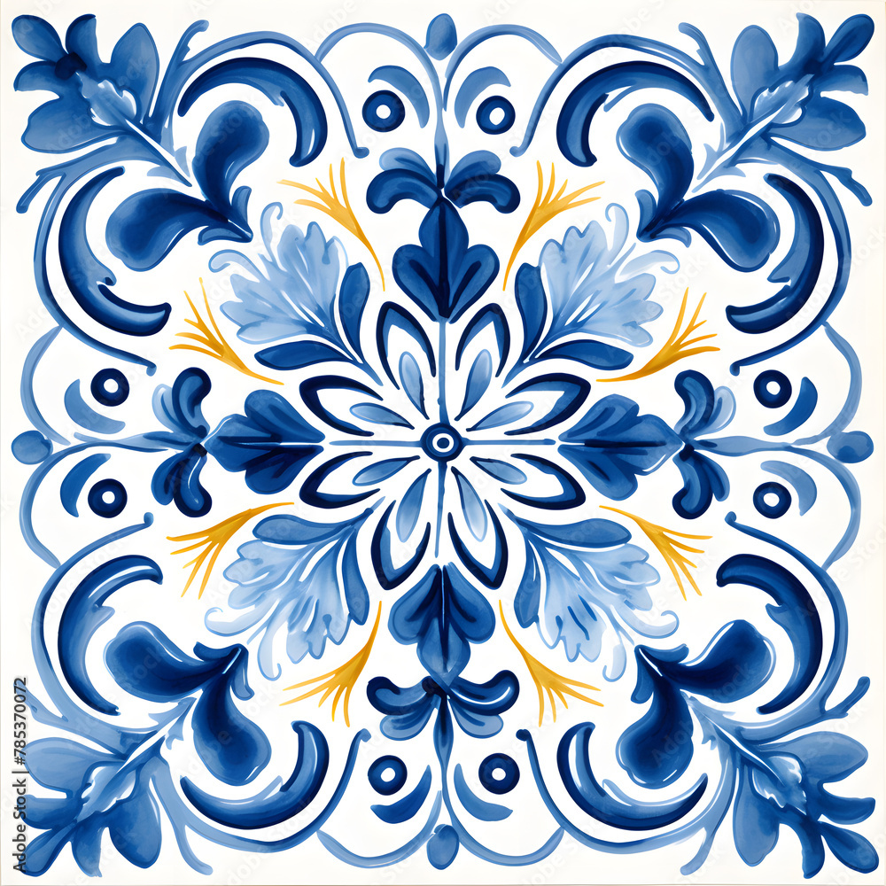 Fototapeta premium Pattern of azulejos tiles. Rustic blue and yellow tile watercolor seamless pattern. 