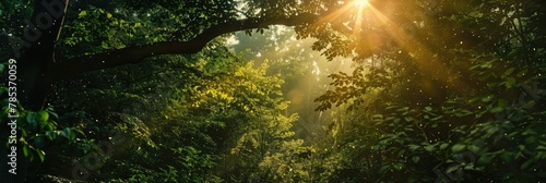Sunrays Peeking Through Lush Forest Canopy - Sunlight breaks through the dense foliage of a vibrant green forest, illuminating the serene and tranquil woodland space photo