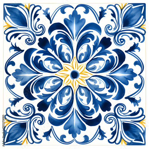 Pattern of azulejos tiles. Rustic blue and yellow tile watercolor seamless pattern. 