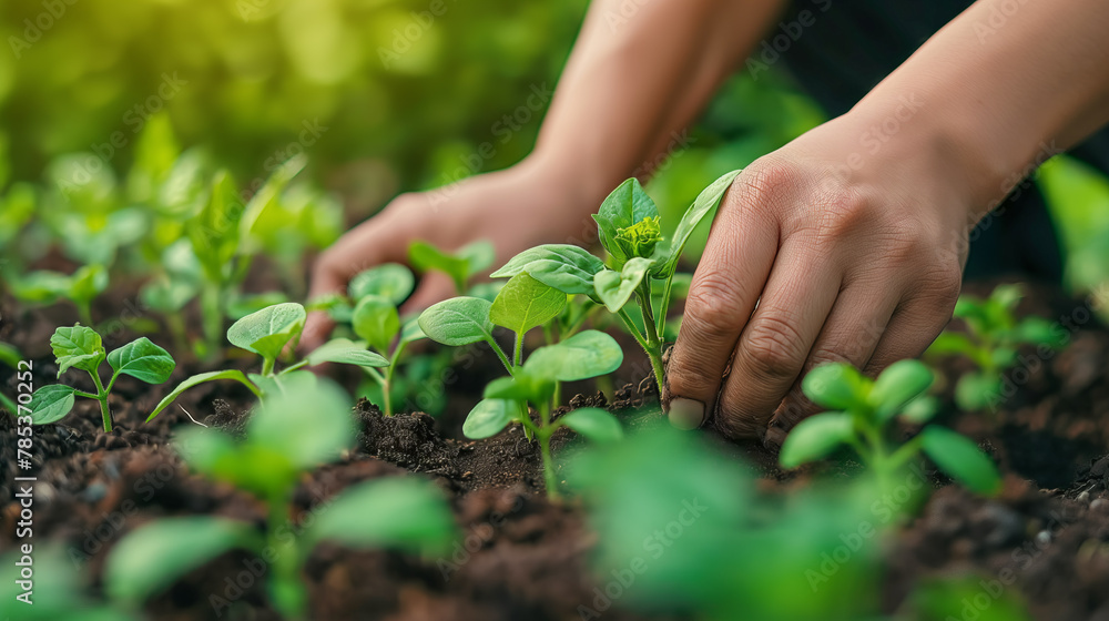 A person is planting seedlings in small pots. The person is wearing a green shirt and black pants
