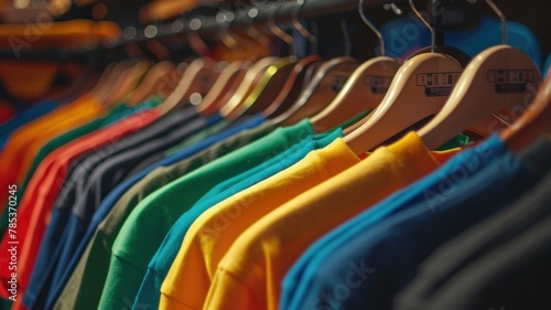 Colorful T-Shirts on Hangers in Shop Display - Well-arranged colorful t-shirts on wooden hangers display a variety of choices in a clothing shop