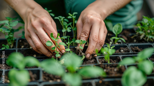 A woman is planting seedlings in a garden. She is wearing a green apron and has her hands in the soil