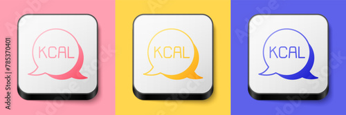Isometric Kcal icon isolated on isolated on pink, yellow and blue background. Health food. Square button. Vector