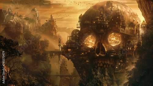 Fantasy landscape with a steampunk skull