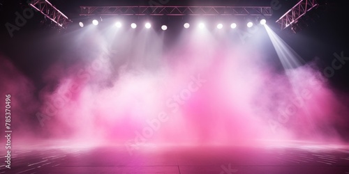 Pink stage background, pink spotlight light effects, dark atmosphere, smoke and mist, simple stage background, stage lighting, spotlights