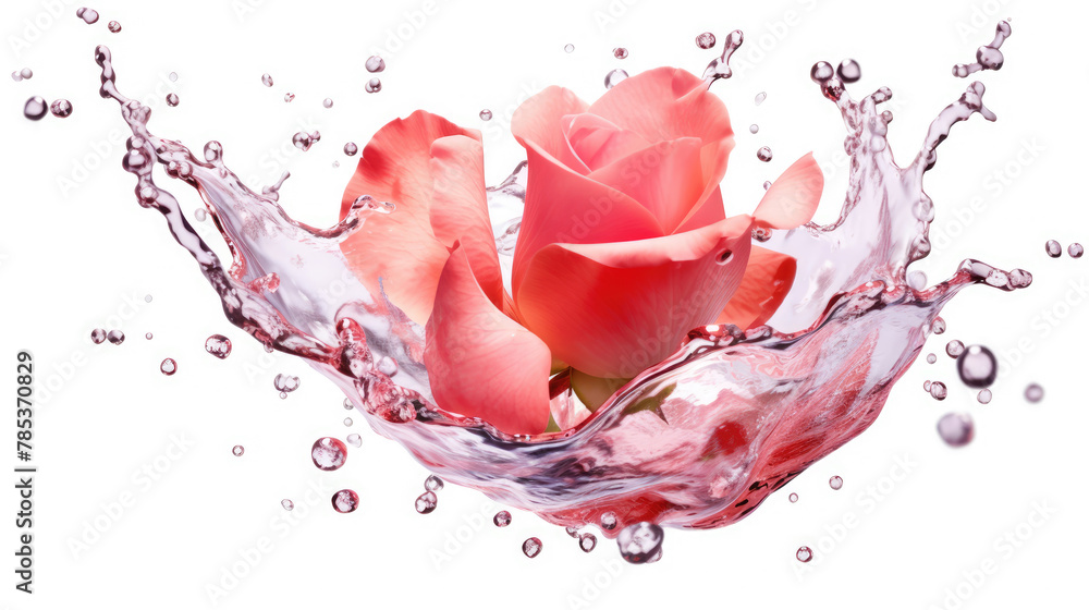a rose flower appears from a splash of clear water on a white background.