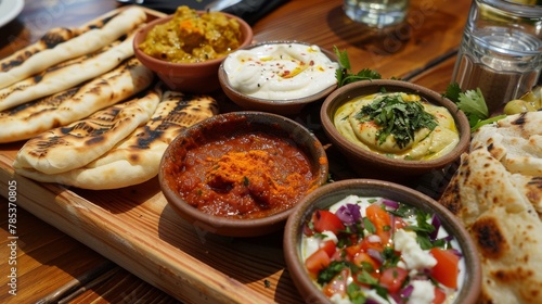 Turkish mezze platter, vibrant dips, grilled halloumi, warm pita, bazaar vibe