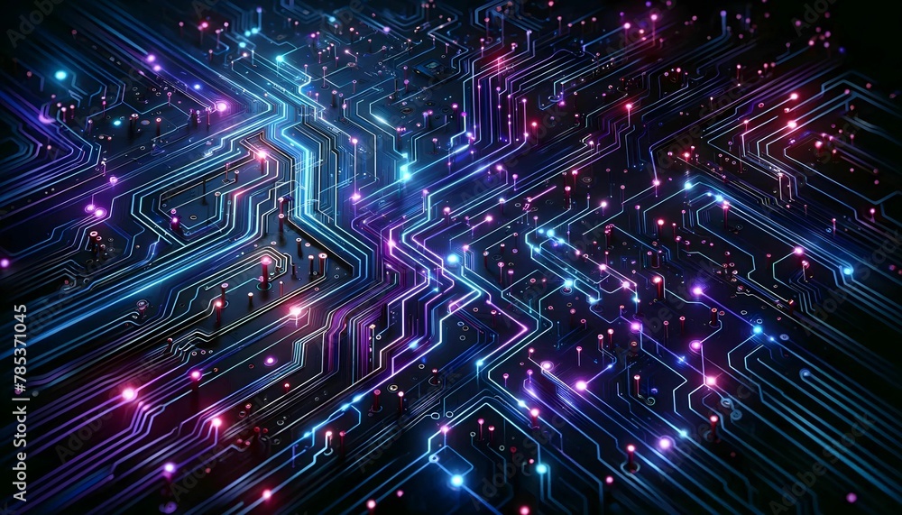 A chip circuit board with purple, blue, and green bokeh shows how the circuit board works. A chip circuit board with purple, blue, and green bokeh shows how the circuit board works.
