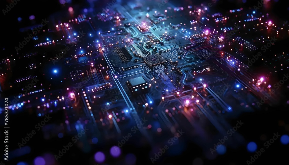 A chip circuit board with purple, blue, and green bokeh shows how the circuit board works. A chip circuit board with purple, blue, and green bokeh shows how the circuit board works.