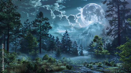 Fantasy landscape with fantasy forest and full moon.