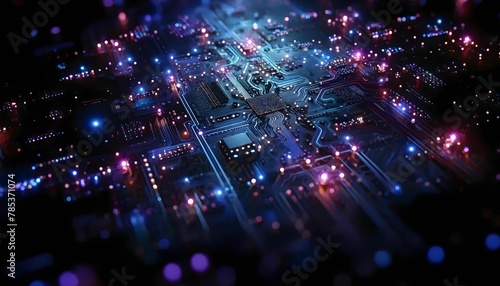 A chip circuit board with purple, blue, and green bokeh shows how the circuit board works. © Onn Tara