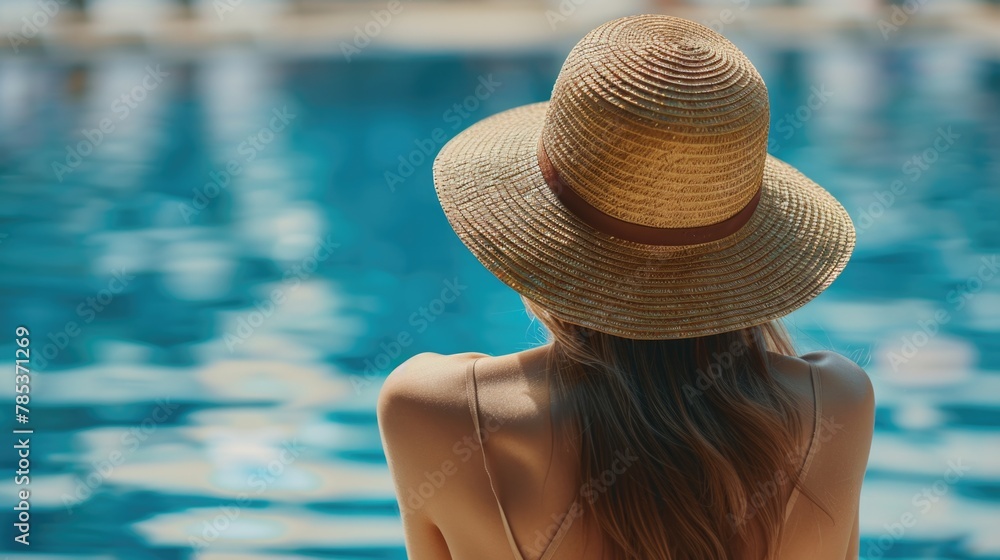 Woman in a straw hat near a swimming pool at a luxury hotel resort.