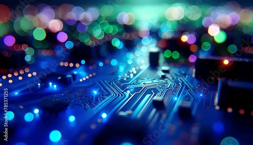 A chip circuit board with purple, blue, and green bokeh shows how the circuit board works.