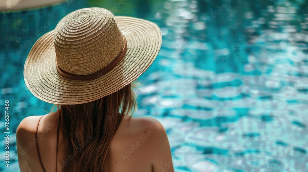 Young woman relaxing near pool with straw hat